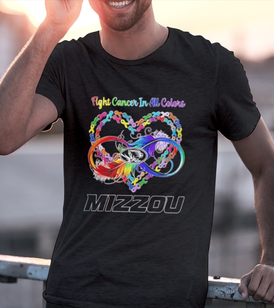 Mizzou Fight Cancer In All Colors Heart Infinity Ribbon Rainbow Feather T-Shirt