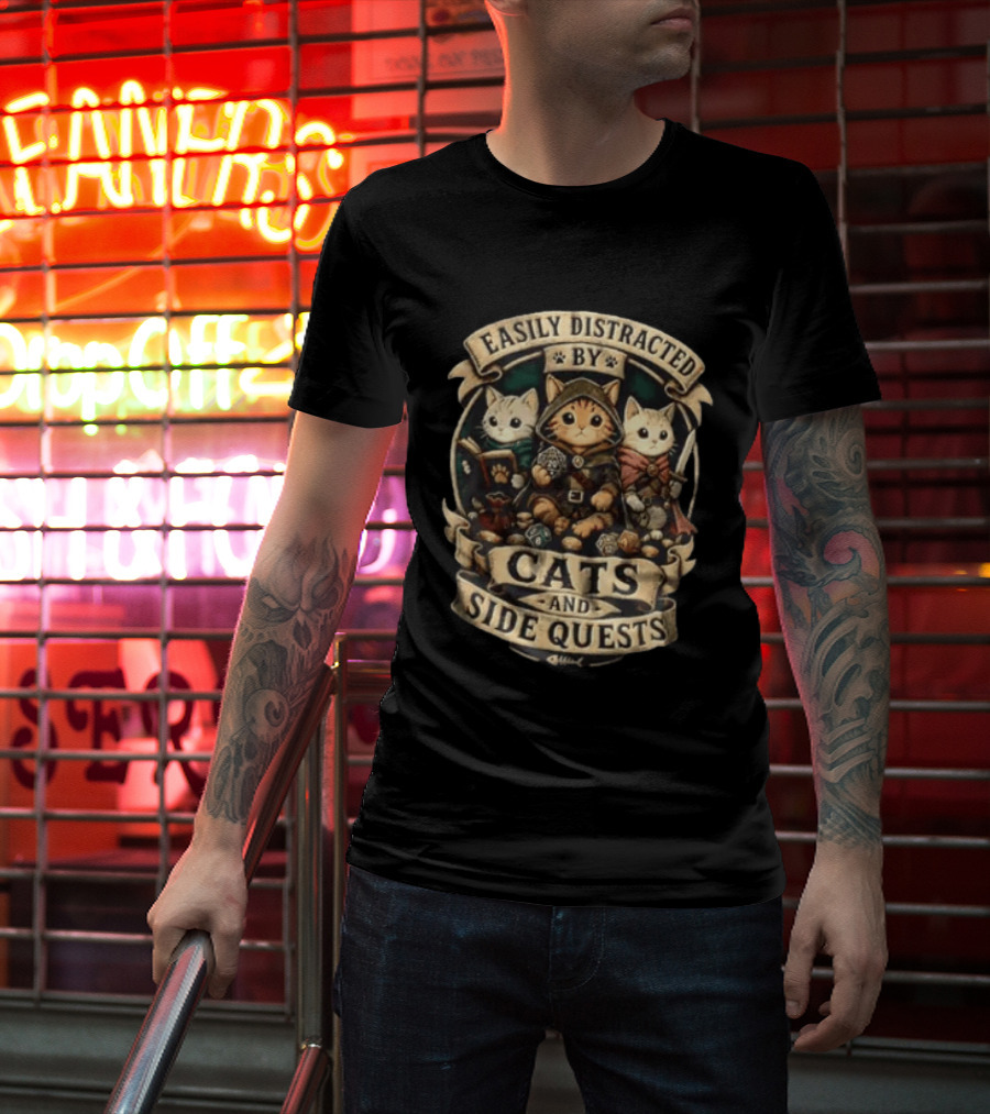 Easily Distracted By Cats And Side Quests Fantasy Adventure Cats T-Shirt