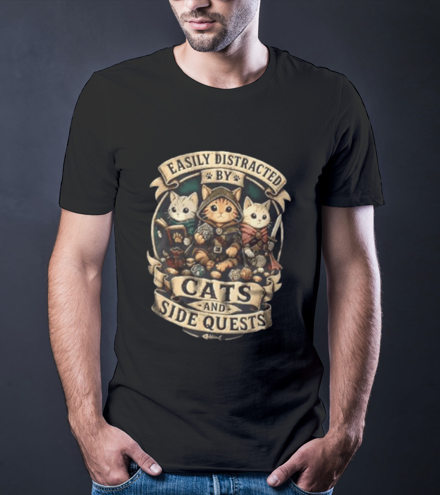 Easily Distracted By Cats And Side Quests Fantasy Adventure Cats T-Shirt