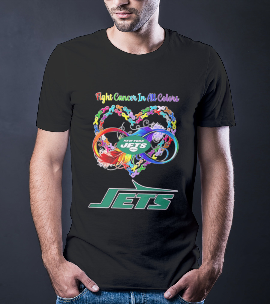 New York Jets Fight Cancer Rainbow Ribbons Infinity Heart Feather T-Shirt