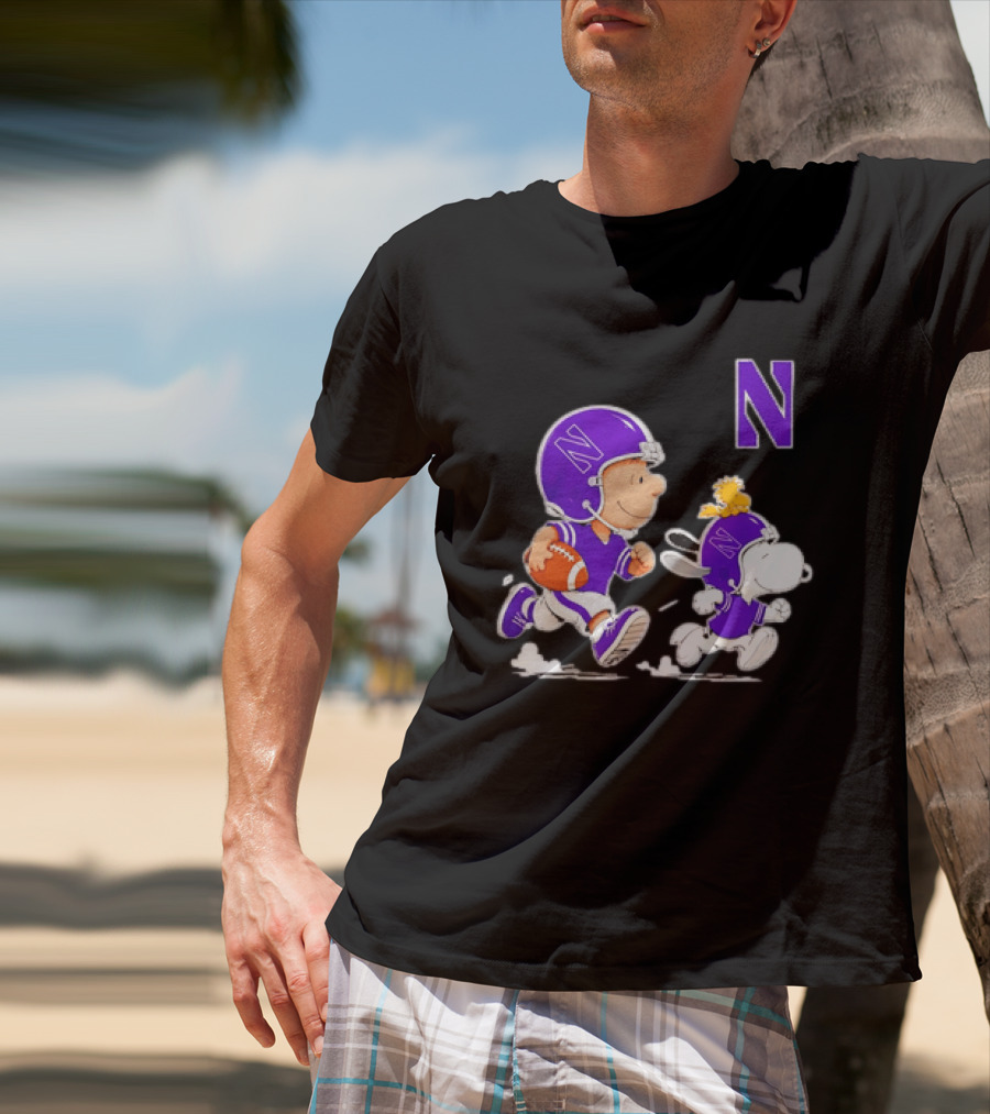 Northwestern Wildcats Charlie Brown Woodstock Snoopy Football Running T-Shirt