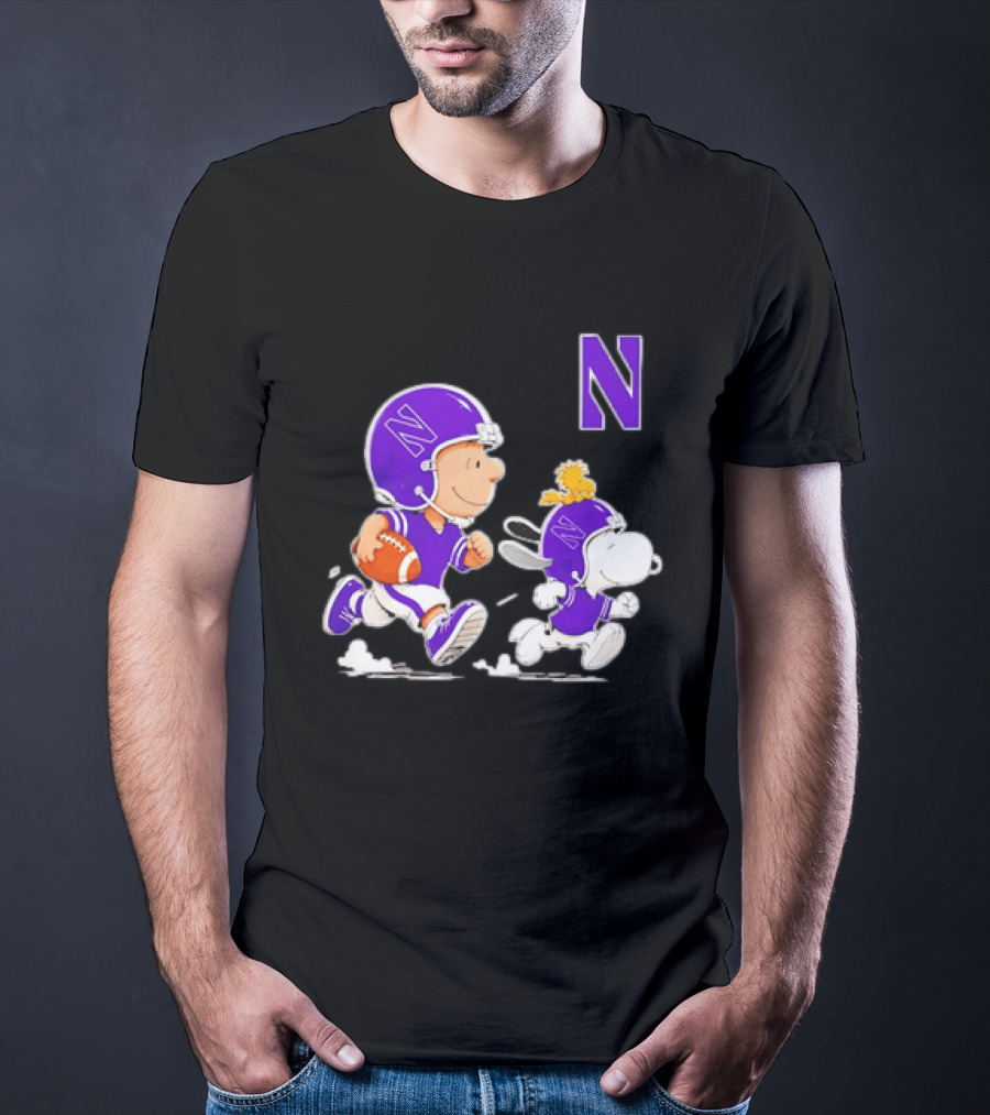 Northwestern Wildcats Charlie Brown Woodstock Snoopy Football Running T-Shirt