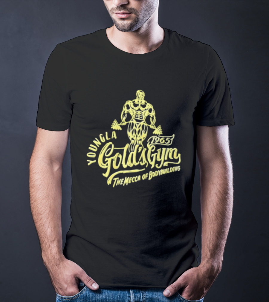 Youngla Golds Gym 1965 The Mecca Of Bodybuilding Muscular Man Holding Barbell T-Shirt
