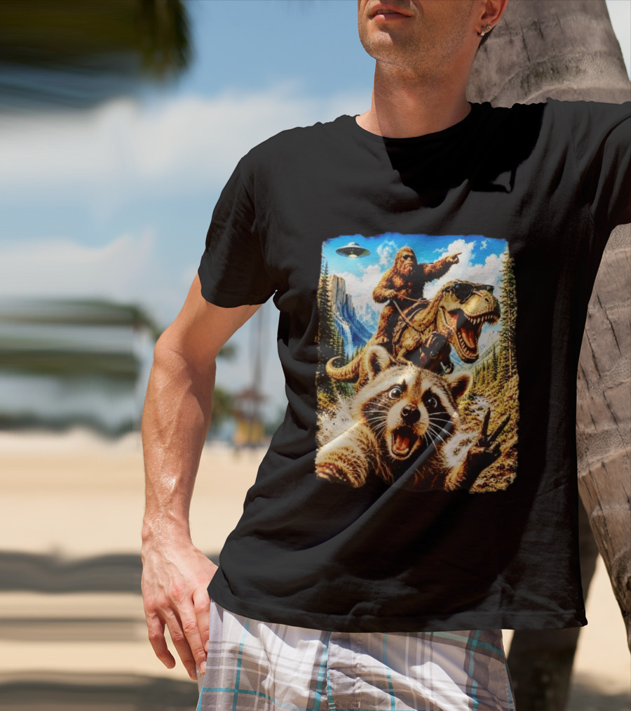 Raccoon Selfie Bigfoot Rex Adventure With UFO And Mountains T-Shirt
