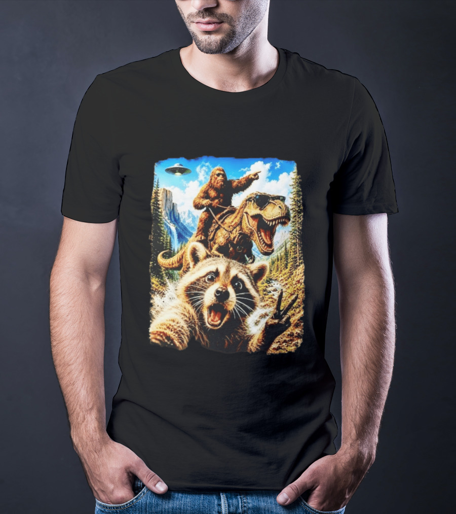 Raccoon Selfie Bigfoot Rex Adventure With UFO And Mountains T-Shirt