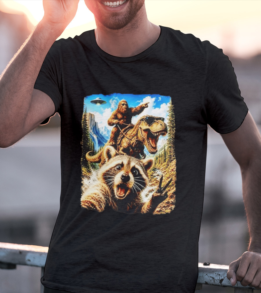 Raccoon Selfie Bigfoot Rex Adventure With UFO And Mountains T-Shirt