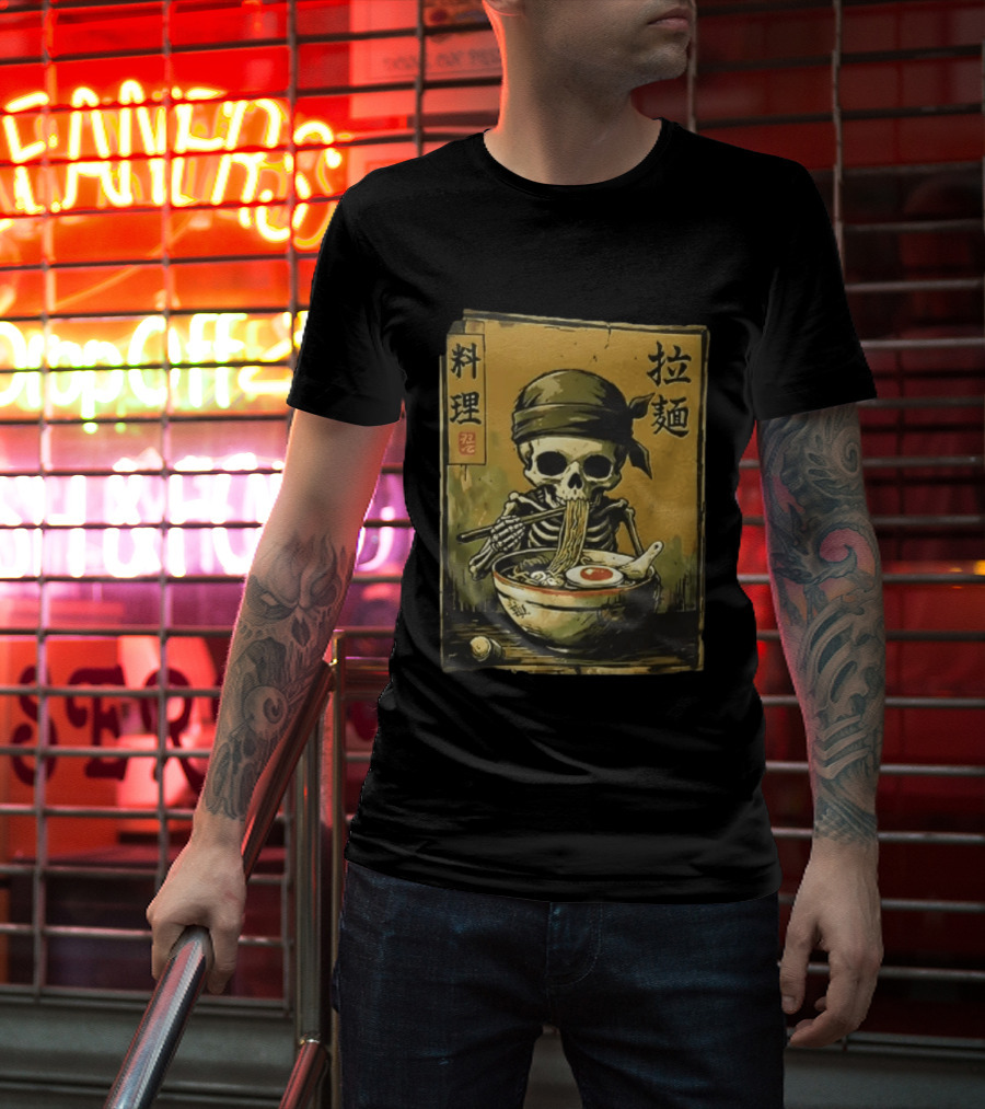 Skeleton Ramen Eating Kanji Cooking Noodles T-Shirt