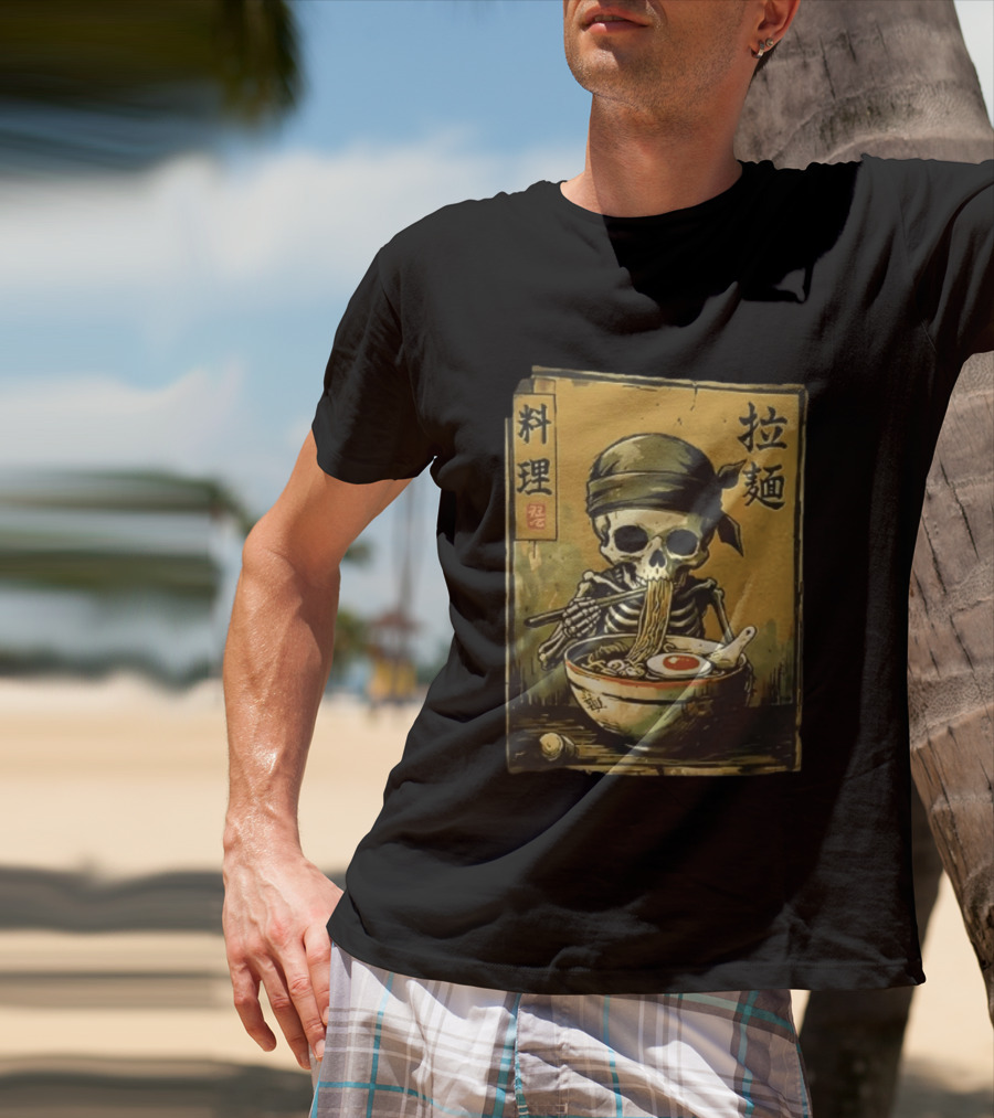 Skeleton Ramen Eating Kanji Cooking Noodles T-Shirt