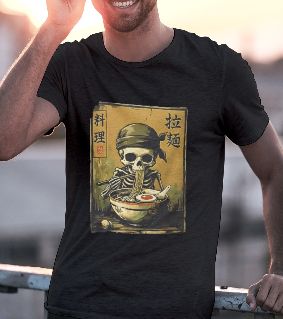 Skeleton Ramen Eating Kanji Cooking Noodles T-Shirt