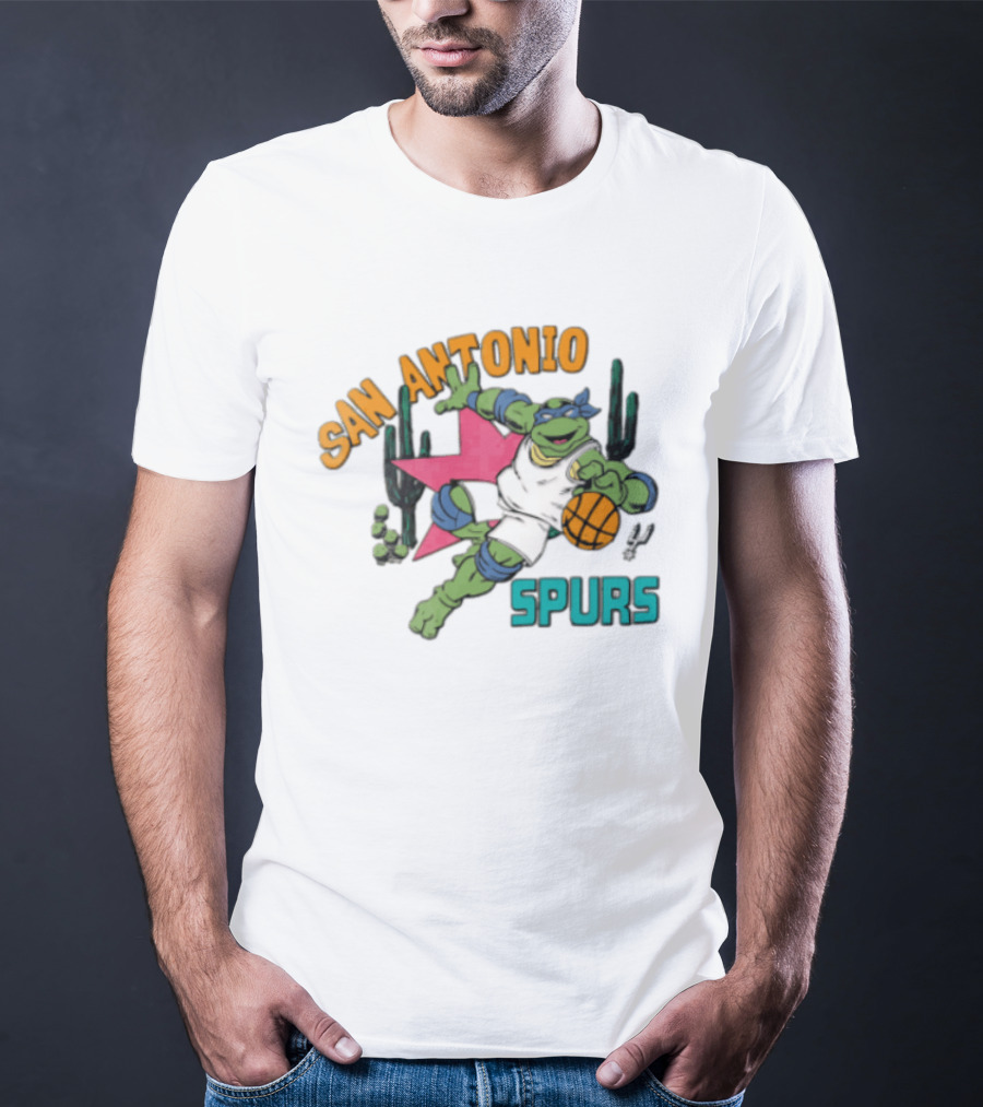 San Antonio Spurs Cartoon Turtle Dribbling Basketball Cacti T-Shirt