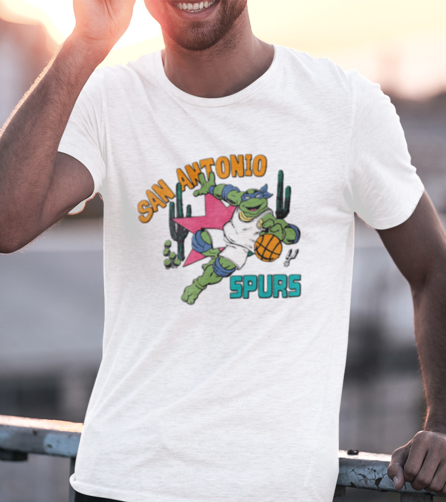 San Antonio Spurs Cartoon Turtle Dribbling Basketball Cacti T-Shirt