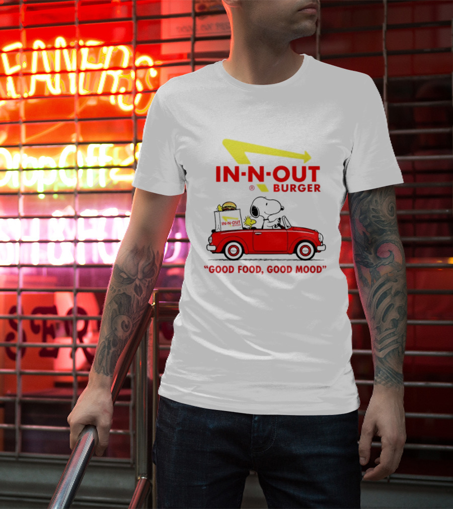 In N Out Burger Snoopy Woodstock Driving Red Convertible Good Food Good Mood T-Shirt