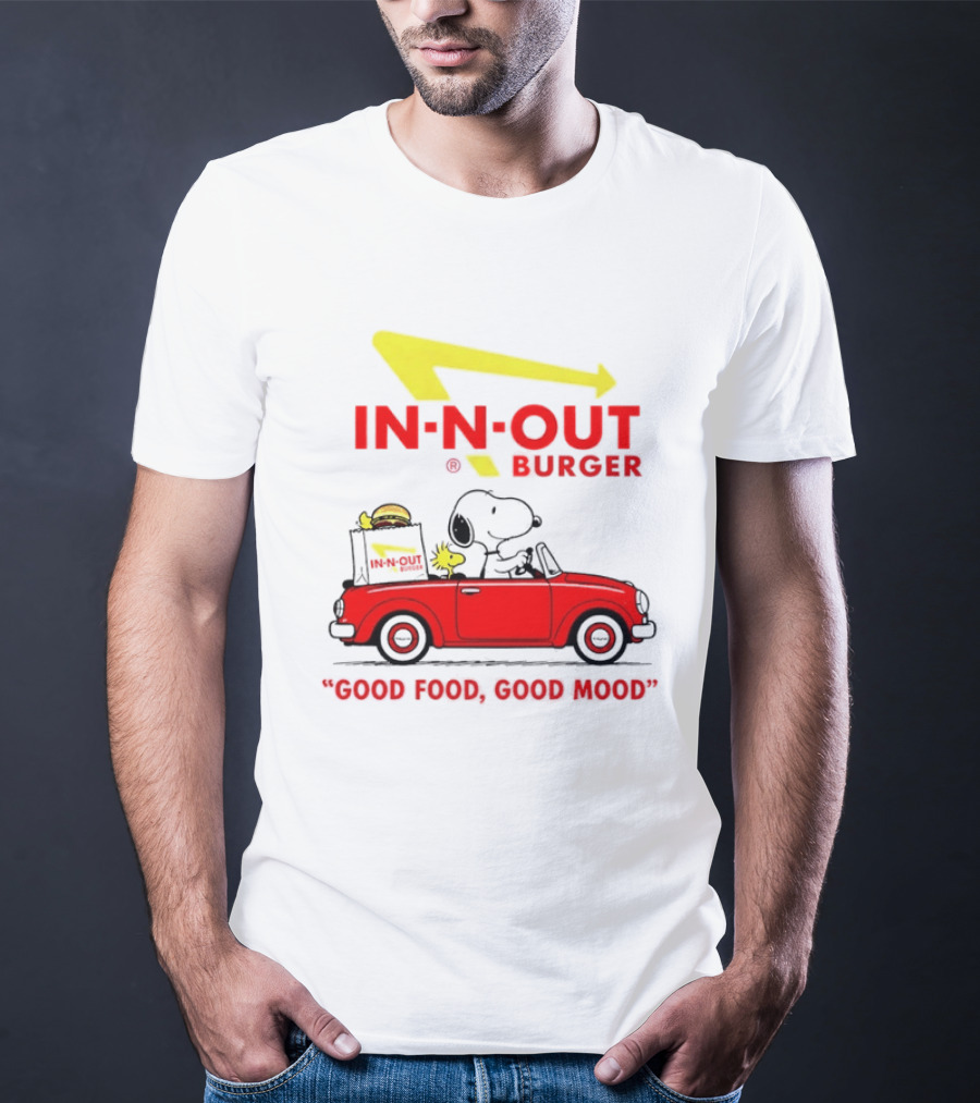 In N Out Burger Snoopy Woodstock Driving Red Convertible Good Food Good Mood T-Shirt