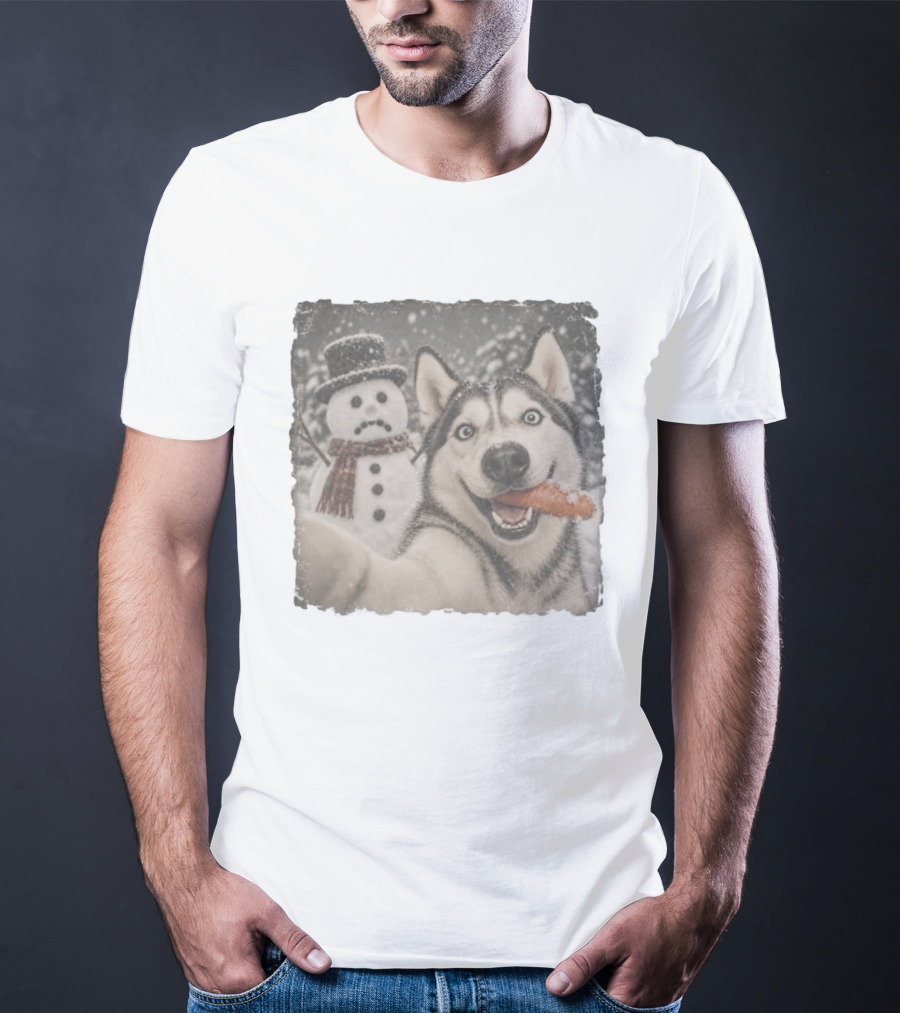 A Sled Dog With A Carrot And A Sad Snowman In A Snowy Winter Scene T-Shirt