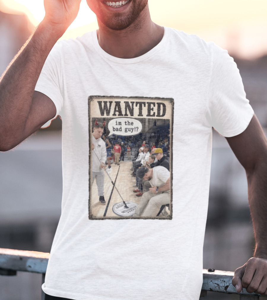 Wanted Im The Bad Guy Wintrust Arena Man Sweeping Floor Devil Horns T-Shirt