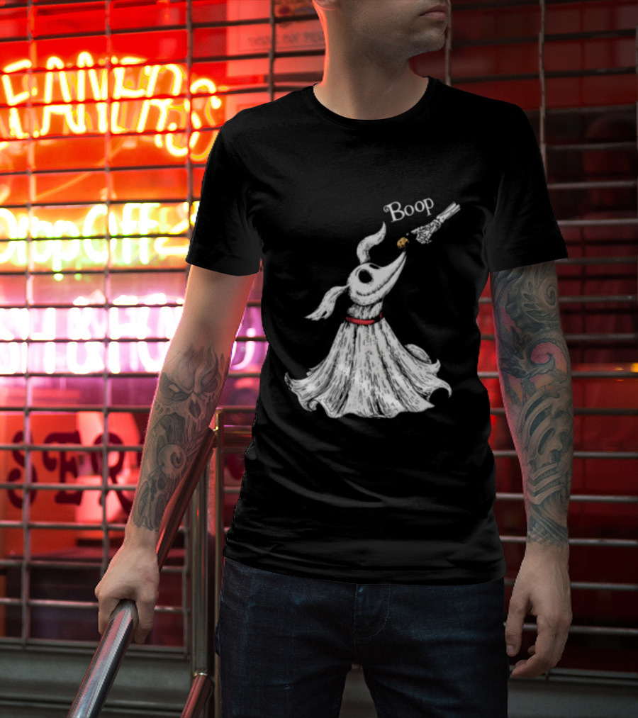 Boop Skeletal Hand Touching Pumpkin Nose With Ghostly Dog Line Sketch T-Shirt