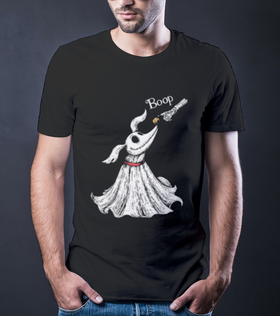 Boop Skeletal Hand Touching Pumpkin Nose With Ghostly Dog Line Sketch T-Shirt