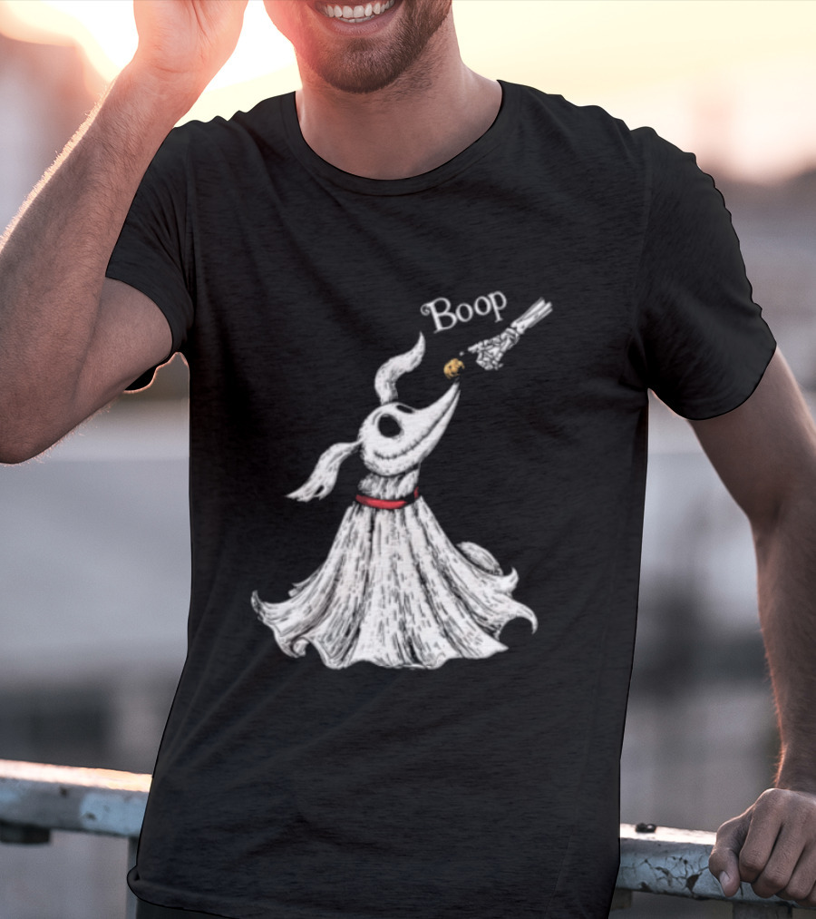 Boop Skeletal Hand Touching Pumpkin Nose With Ghostly Dog Line Sketch T-Shirt