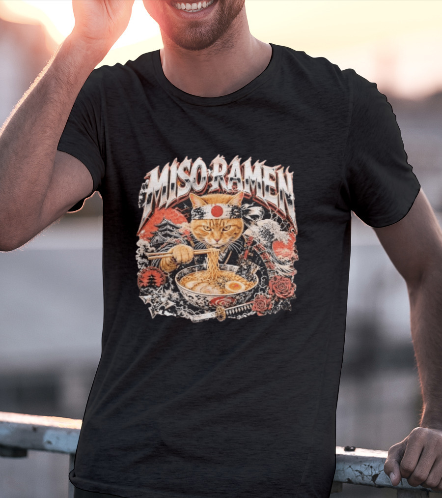 Miso Ramen Samurai Cat Japanese Foodie Bowls Japan Culture T-Shirt