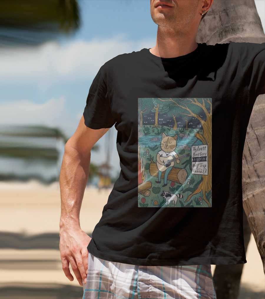 The Avett Brothers Wolf Trap Vienna Virginia 2026 Concert Cat Playing Guitar In Forest Scene T-Shirt
