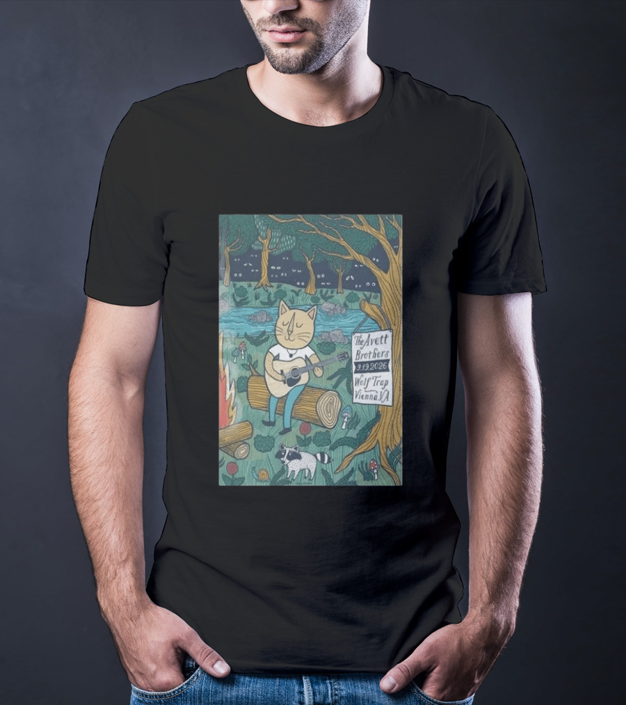 The Avett Brothers Wolf Trap Vienna Virginia 2026 Concert Cat Playing Guitar In Forest Scene T-Shirt