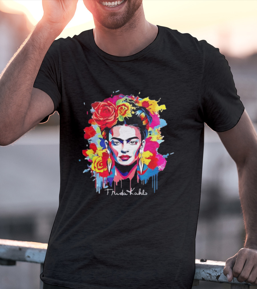 Frida Kahlo Colorful Floral Mexican Artist Vibrant Roses And Dripping Paint T-Shirt