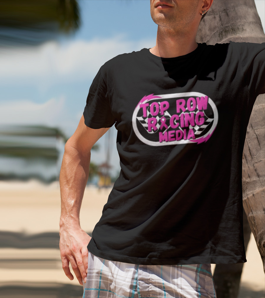 Top Row Racing Media Pink Checkered Flags Ribbon T-Shirt