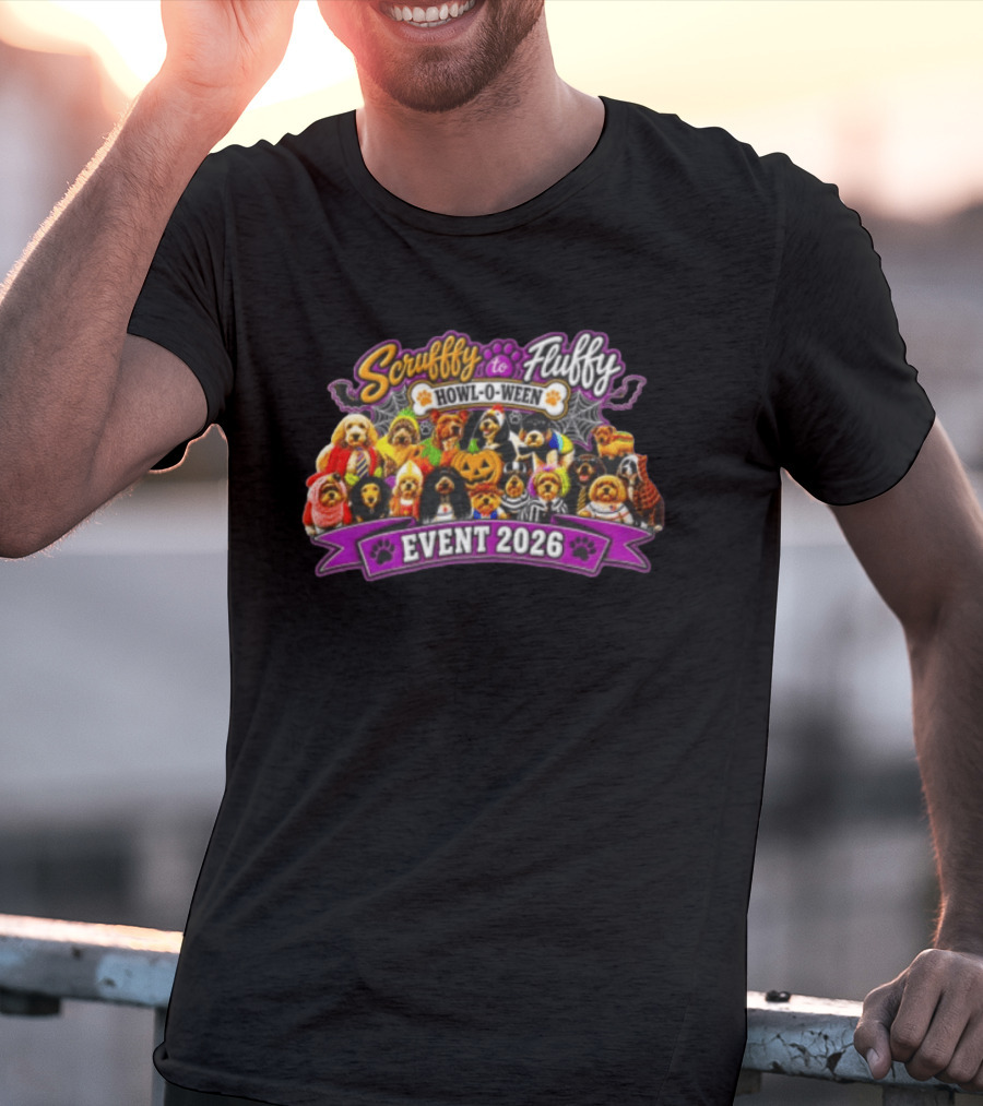 Scruffy To Fluffy Howl O Ween Event 2026 Many Dogs Wearing Halloween Costumes T-Shirt