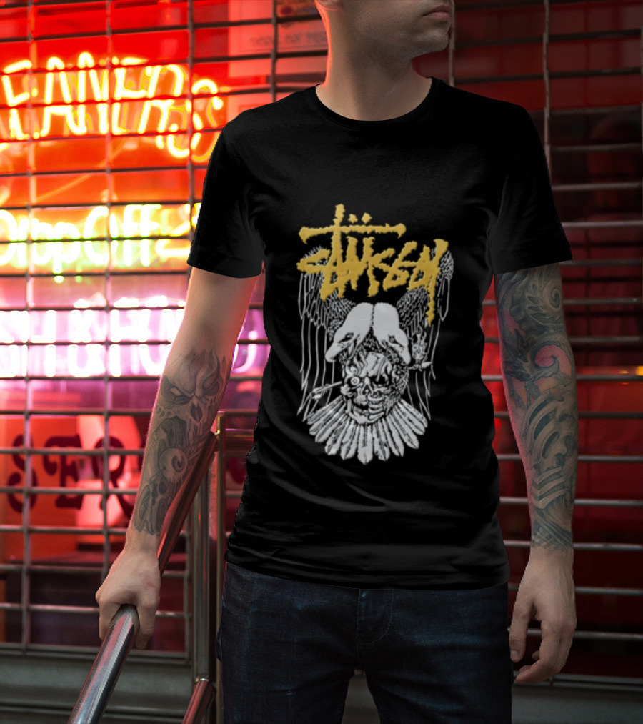 Stussy Two Headed Eagle Skull Yellow Text White Sketch T-Shirt
