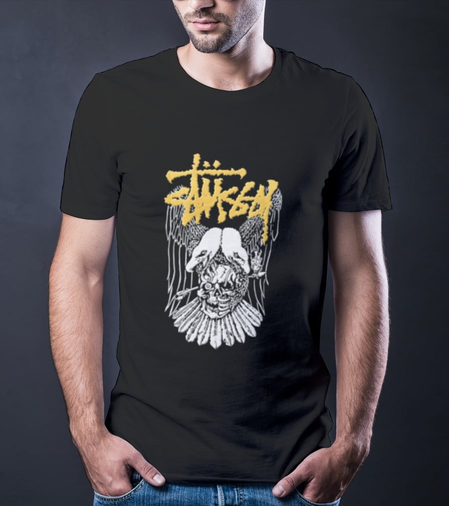 Stussy Two Headed Eagle Skull Yellow Text White Sketch T-Shirt