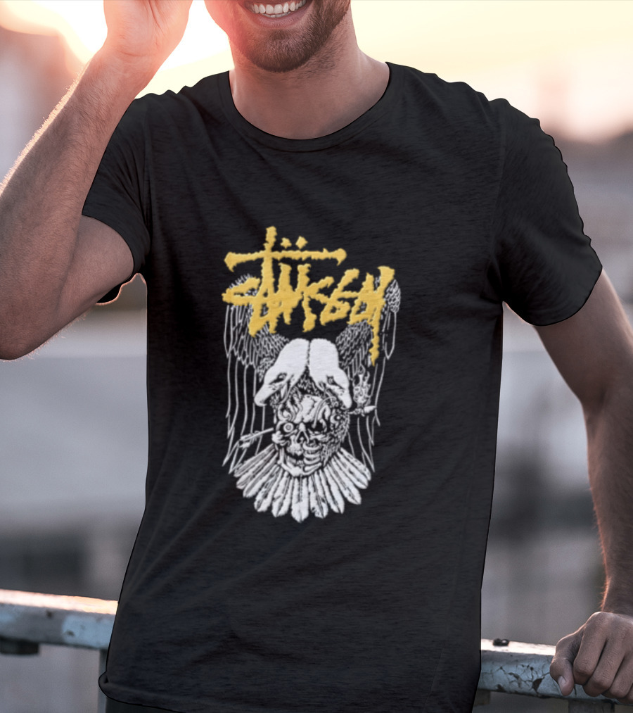 Stussy Two Headed Eagle Skull Yellow Text White Sketch T-Shirt