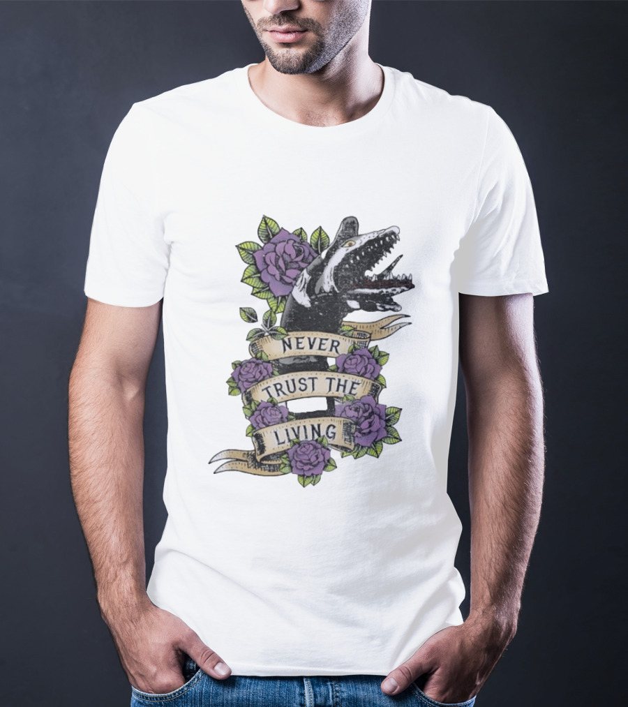 Beetlejuice Never Trust The Living Floral Banner With Sandworm And Purple Roses T-Shirt