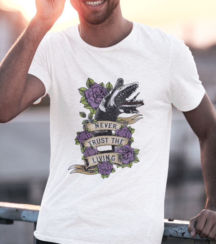Beetlejuice Never Trust The Living Floral Banner With Sandworm And Purple Roses T-Shirt