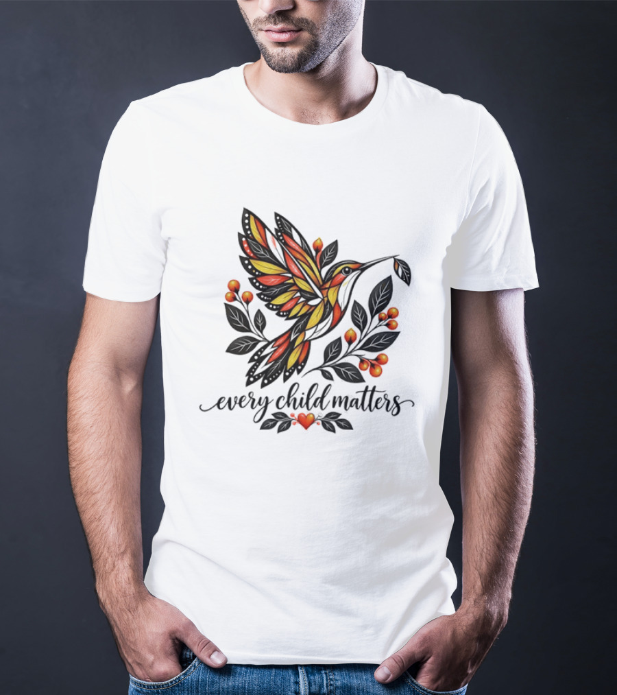 Every Child Matters Hummingbird Orange Awareness Floral Heart T-Shirt