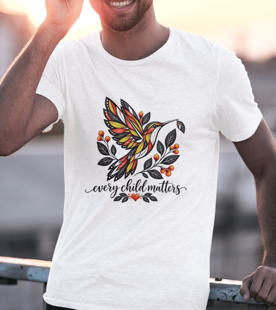 Every Child Matters Hummingbird Orange Awareness Floral Heart T-Shirt