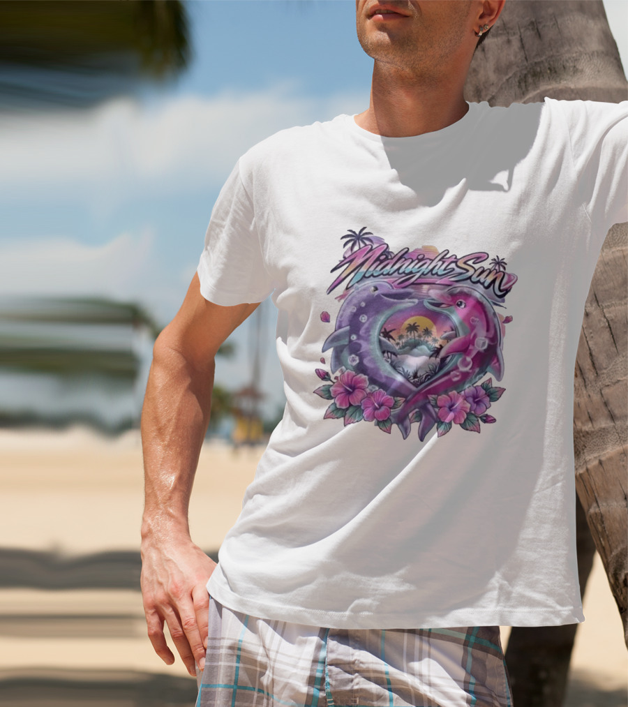 Midnight Sun Heart Dolphins Tropical Sunset T-Shirt