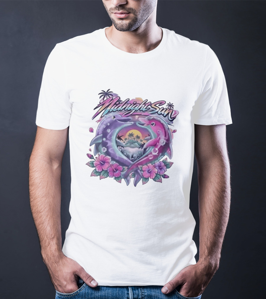 Midnight Sun Heart Dolphins Tropical Sunset T-Shirt