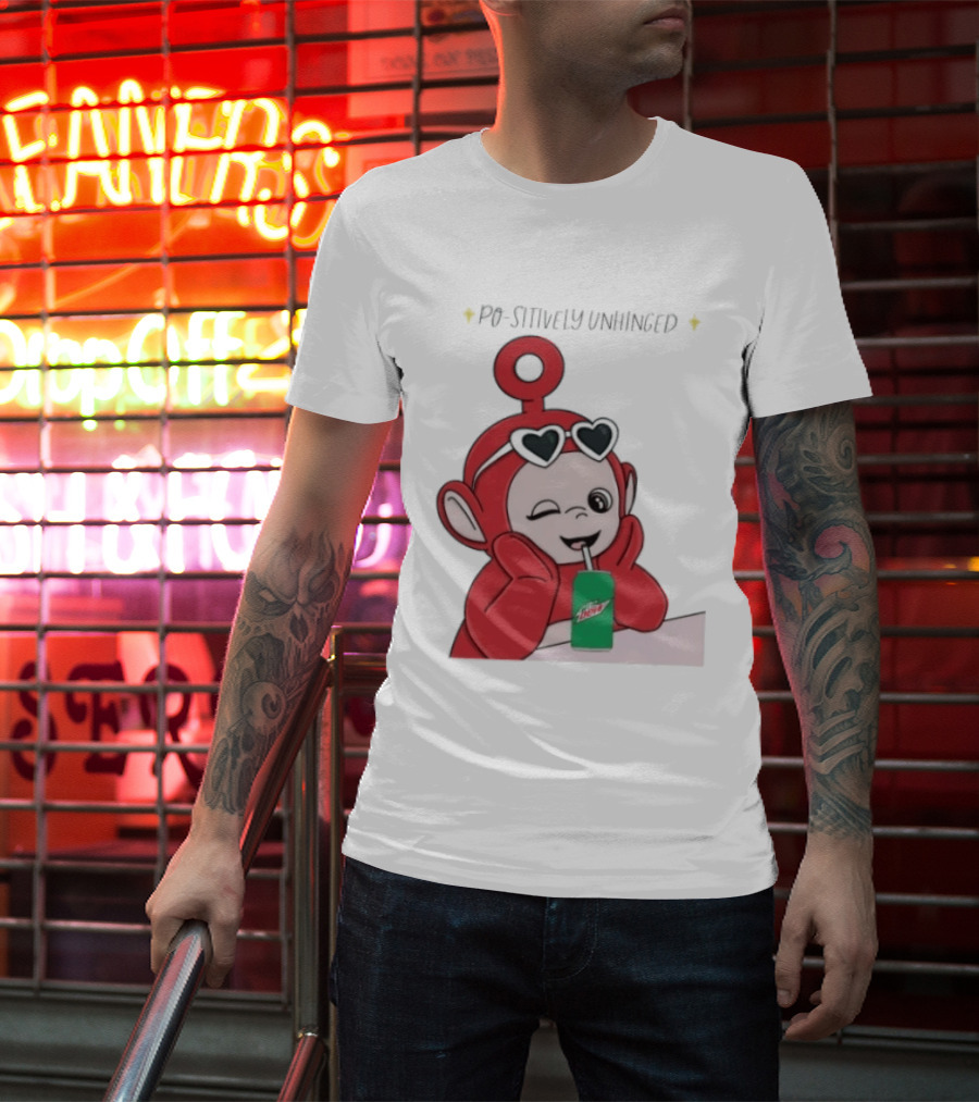 Po Sitively Unhinged Funny Red Teletubby Heart Sunglasses Drinking Mtn Dew T-Shirt