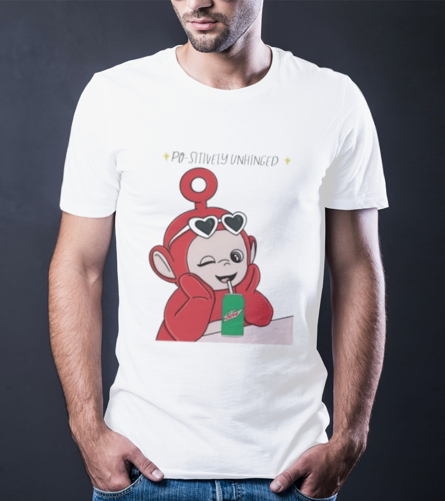 Po Sitively Unhinged Funny Red Teletubby Heart Sunglasses Drinking Mtn Dew T-Shirt