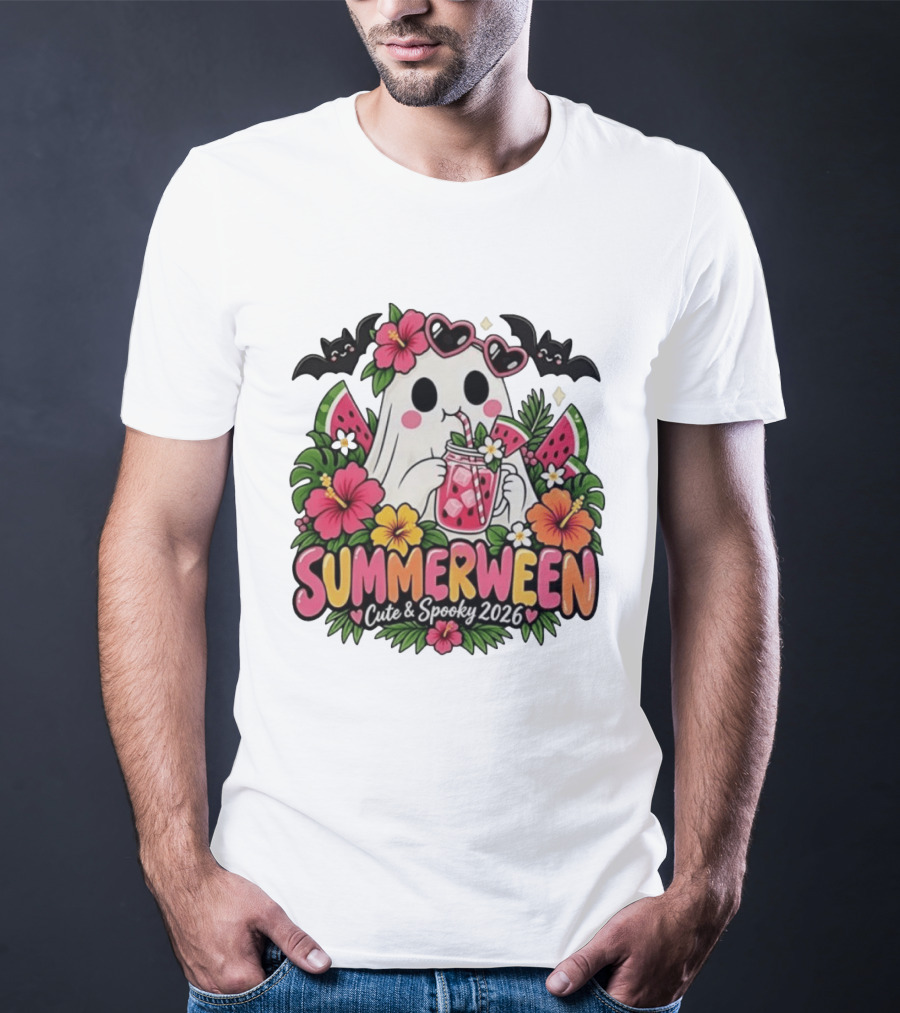 Summerween Cute And Spooky 2026 Ghost With Tropical Flowers And Bats T-Shirt