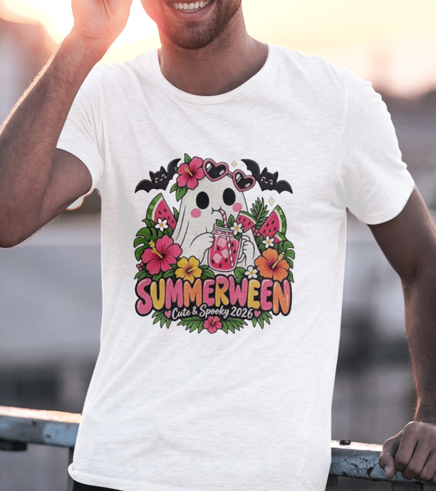 Summerween Cute And Spooky 2026 Ghost With Tropical Flowers And Bats T-Shirt