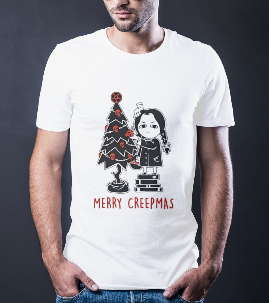 Wednesday Addams Merry Creepmas Goth Christmas Skulls Tree T-Shirt