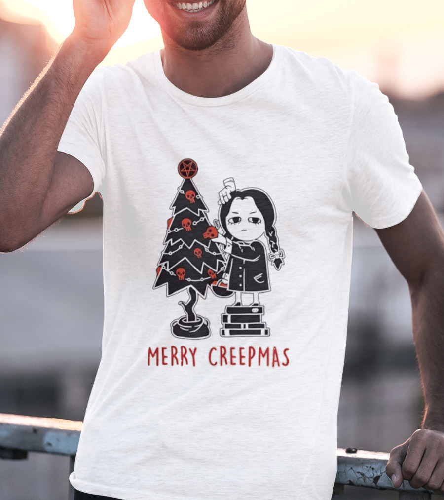 Wednesday Addams Merry Creepmas Goth Christmas Skulls Tree T-Shirt