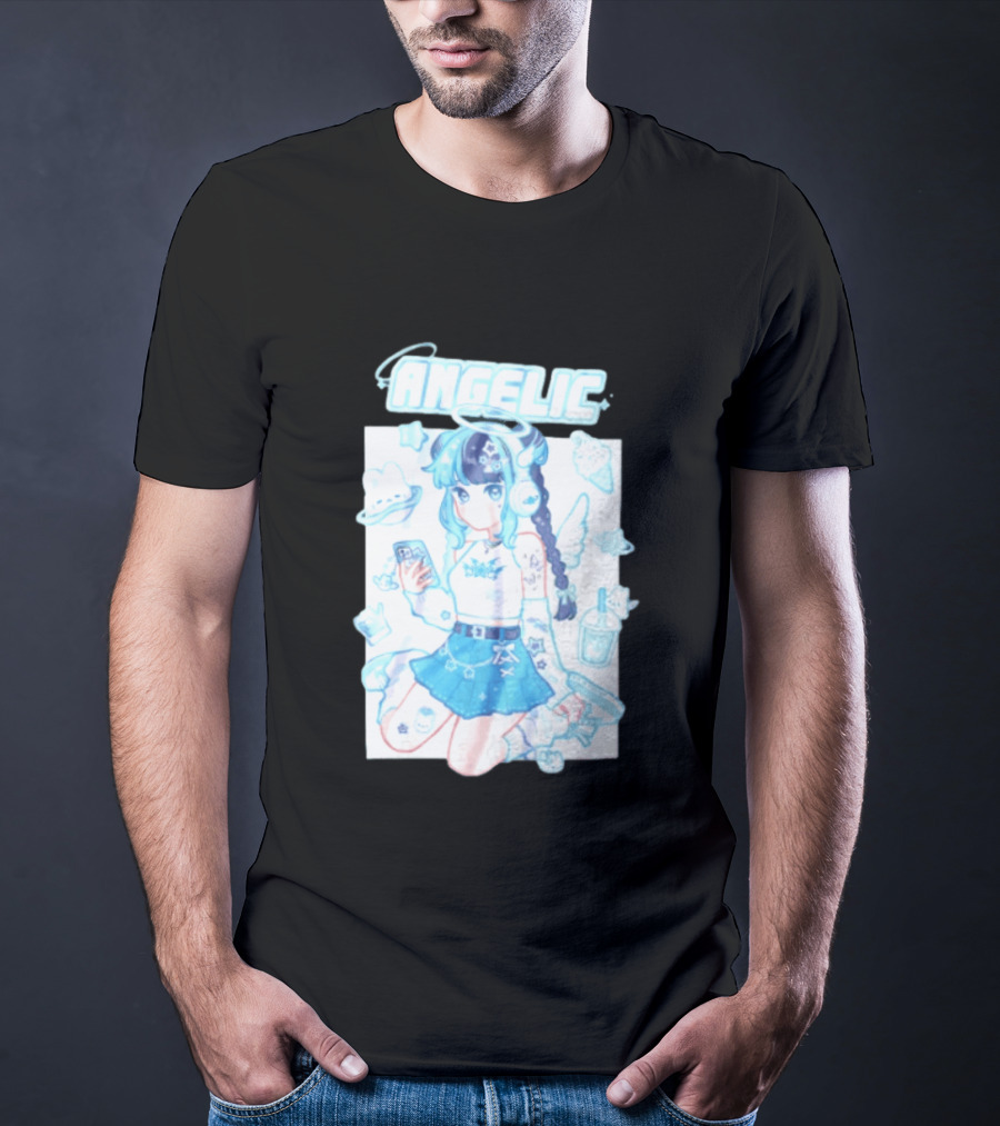 Angelic Anime Girl Halo Wings Headphones Cute Aesthetic Kawaii T-Shirt