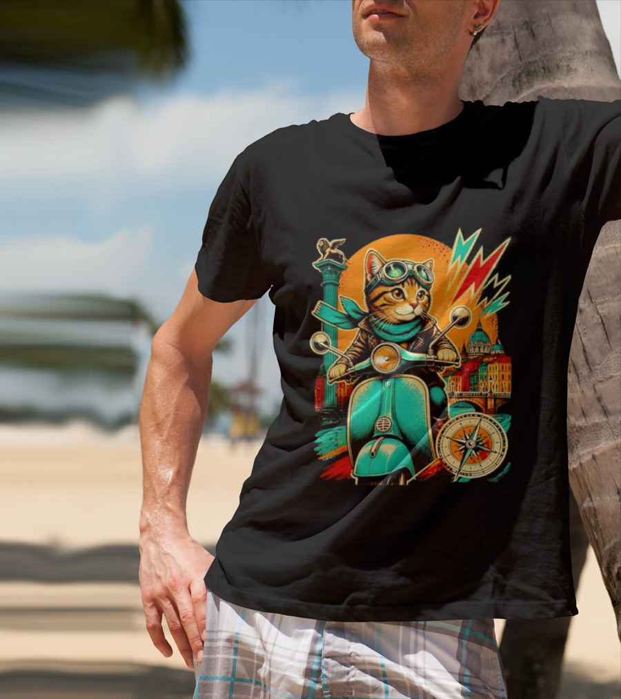 Cat On Scooter Adventure In Venice With Vibrant Cityscape And Compass T-Shirt