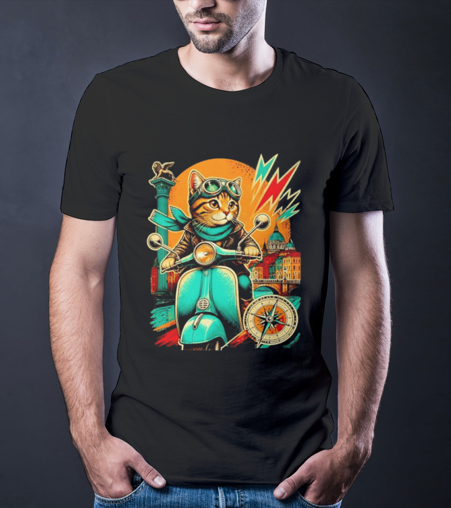 Cat On Scooter Adventure In Venice With Vibrant Cityscape And Compass T-Shirt