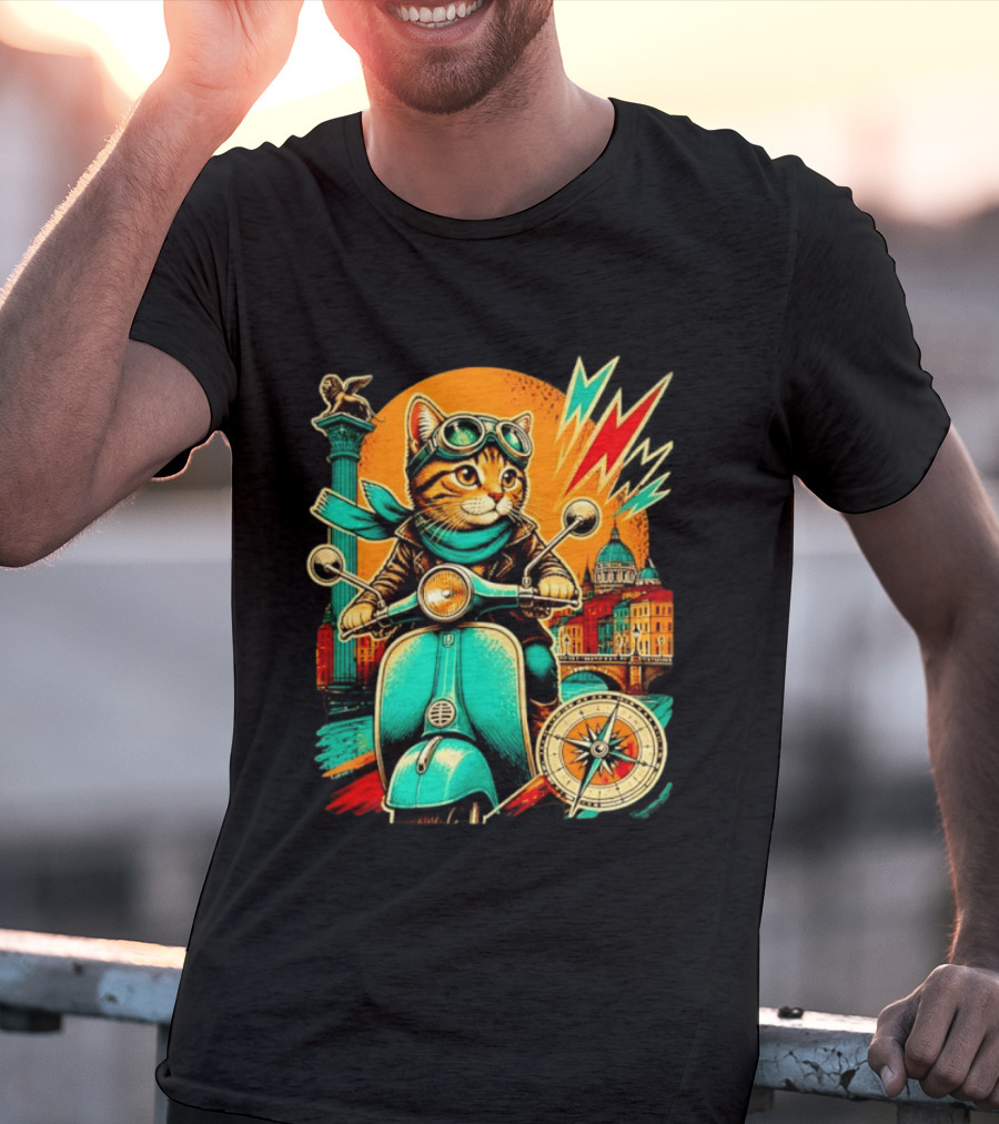Cat On Scooter Adventure In Venice With Vibrant Cityscape And Compass T-Shirt