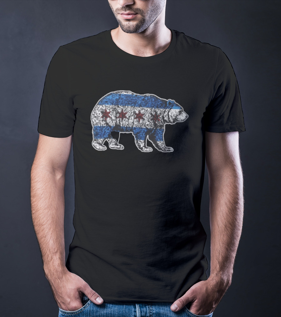 Chicago Bears Grizzly Bear Chicago Flag Stars Blue Stripes T-Shirt