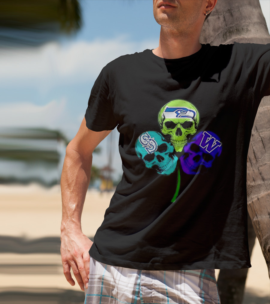 Seattle Seahawks Mariners Washington Huskies Shamrock Skulls T-Shirt