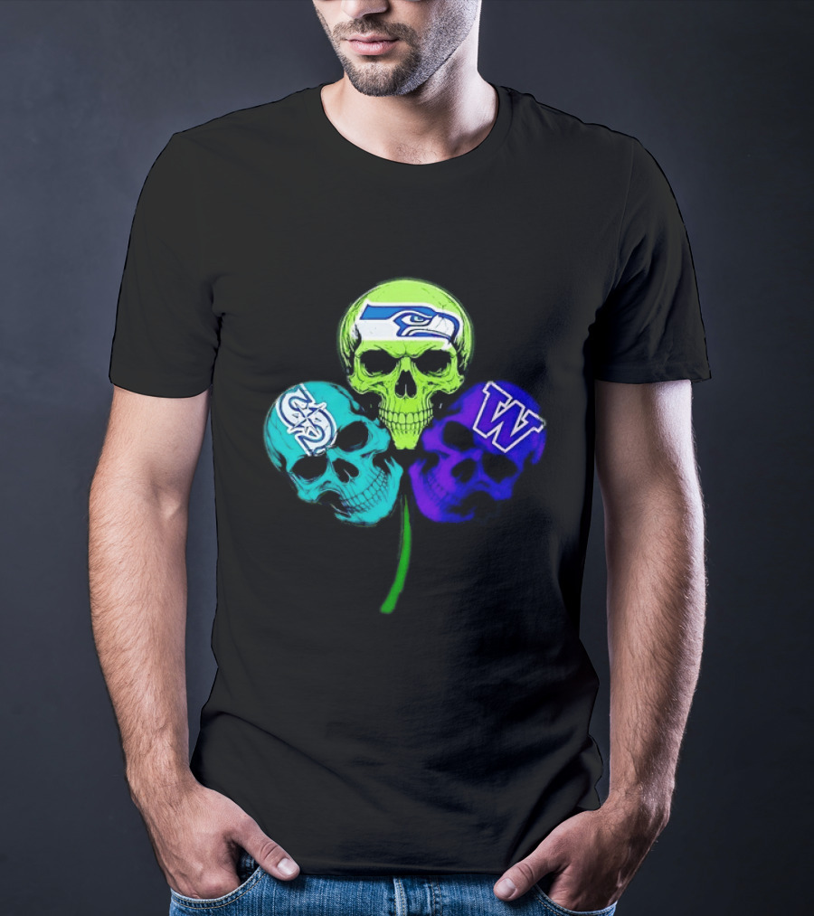 Seattle Seahawks Mariners Washington Huskies Shamrock Skulls T-Shirt
